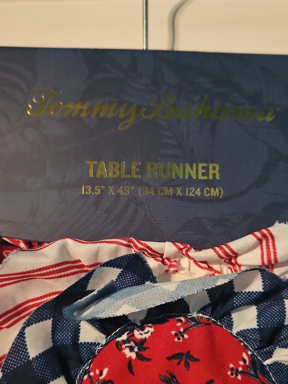 Tommy Bahama White and Navy Branded Fabric Table Runner - Picture 5 of 7